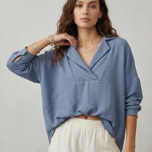 Anthropologie Maeve Blue Textured Pullover Blouse Cropped V-Neck Top